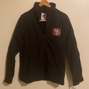 Men’s 49er black soft shell jacket, size small